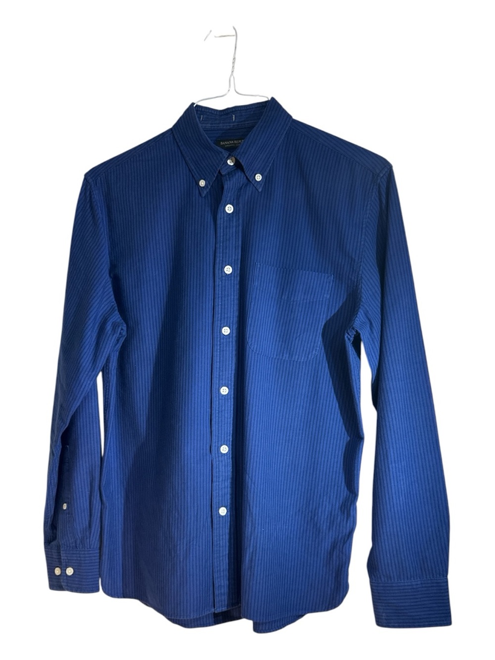 Banana Republic Organic Cotton Blue Black Striped Button Down Dress Shirt Size S